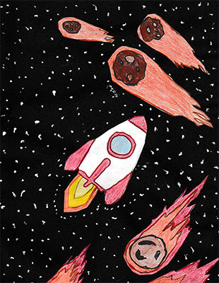 User submitted painting of a spacecraft in space with meteors around it.