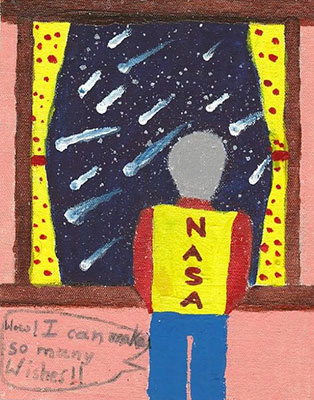 User submitted painting of a person looking out their window at meteors.