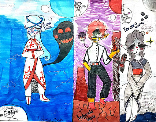 User submitted drawing of humanoid depictions of three of Jupiter's moons.