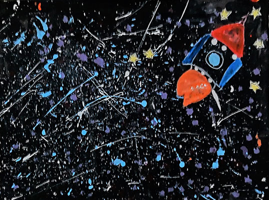 El usuario envió una pintura de una escena estrellada con una roca volando a través de ella.