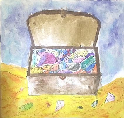 Pintura enviada por el usuario de un cofre del tesoro lleno de minerales.