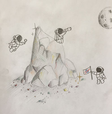 Pintura enviada por el usuario de astronautas en una roca mirando a la Luna.