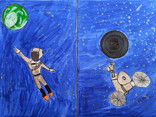 El usuario envió el dibujo de un explorador con un traje espacial flotando hacia un planeta en una caja y la nave espacial Lucy cerca de un planeta en otra caja.