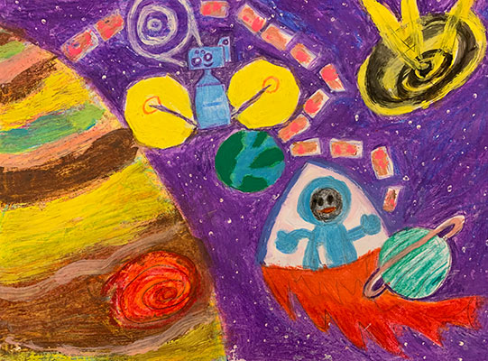 El usuario envió un dibujo de la nave espacial Lucy flotando cerca de Júpiter.