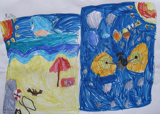 El usuario envió un dibujo de una playa en una caja y la nave espacial Lucy cerca de Júpiter en otra caja.