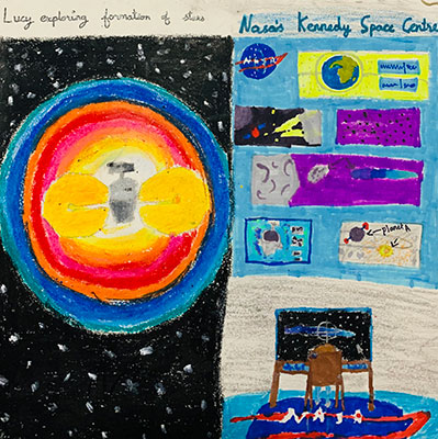 El usuario envió un dibujo de la nave espacial Lucy en una caja y un centro de control de la NASA en el Centro Espacial Kennedy de la NASA en otra caja.