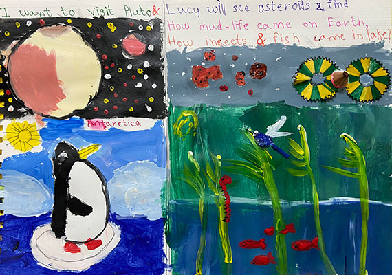 El usuario envió el dibujo de un pingüino en la Antártida en una caja y la vida vegetal en un asteroide con Lucy en el cielo en otra caja.