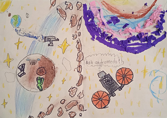 El usuario envió un dibujo de la nave espacial Lucy en el espacio con algunos asteroides y Marte en la distancia.