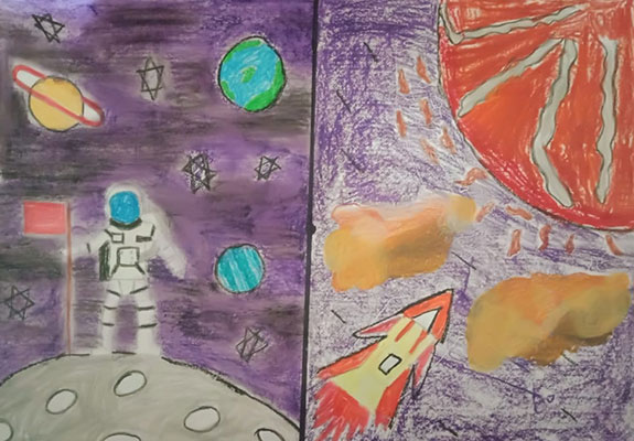 El usuario envió un dibujo de un astronauta en la Luna en una caja y un cohete acercándose a un planeta rojo en otra caja.