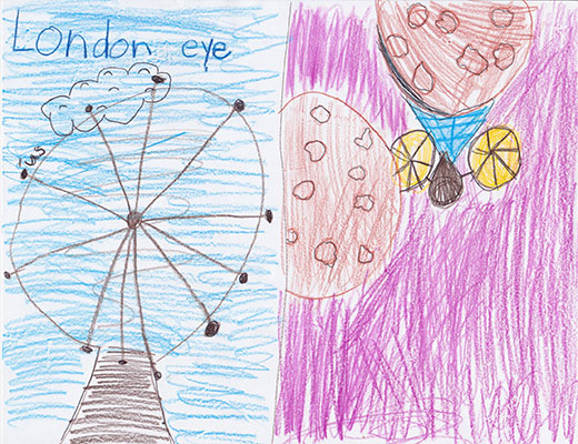 El usuario envió un dibujo de la rueda de observación del London Eye en una caja y la nave espacial Lucy observando dos asteroides en otra caja.