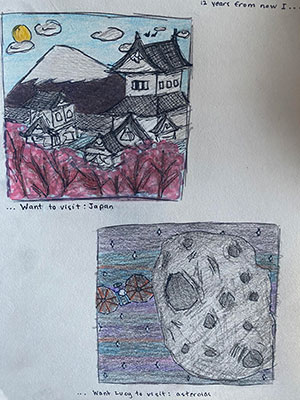 El usuario envió un dibujo de un edificio y una montaña en Japón en una caja y la nave espacial Lucy cerca de un asteroide en otra caja.