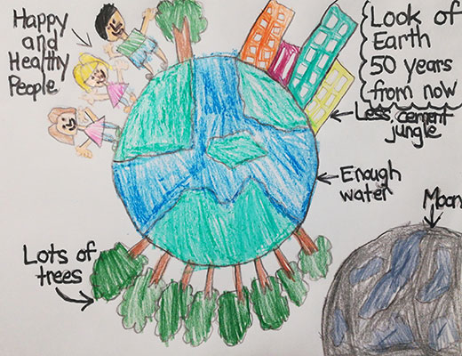 El usuario envió un dibujo de la Tierra con personas, edificios y bosques.