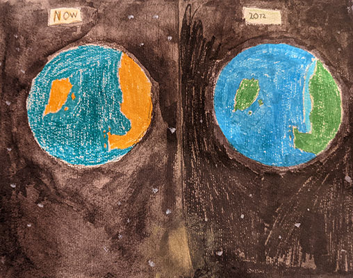 El usuario envió un dibujo de una Tierra marrón a la izquierda y una Tierra verde a la derecha con el texto antes y después.
