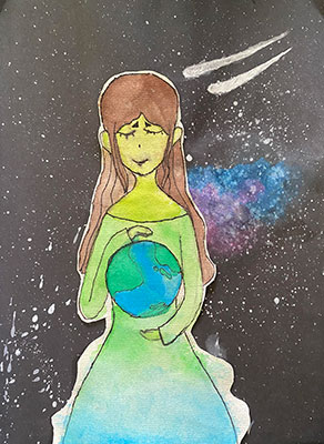 El usuario envió un dibujo de una mujer grande y verde que sostiene la Tierra en sus manos.