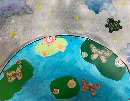 User submitted drawing of the Earth covered in butterfly stickers and a turtle floating in the sky above.
