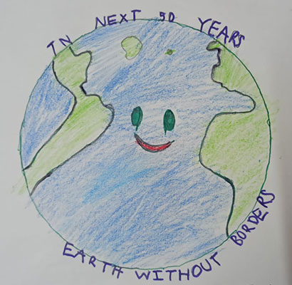 User submitted drawing of the Earth smiling with text that says Earth without borders.
