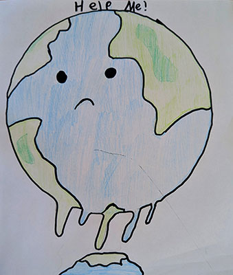 User submitted drawing of the Earth melting with text that reads help me.