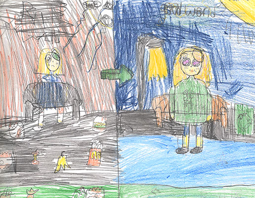 El usuario envió un dibujo de una persona a la izquierda de pie en un camino sucio y una persona a la derecha de pie en un camino limpio.