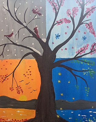 This illustration shows a tree during four different phases. A dark silhouette of a tree and its branches stretch throughout the illustration. The background of the illustration is divided into four quadrants. The bottom left quadrant is painted orange and yellow, resembling a sunset. The tree's branches are decorated with small pink berries. In the background, behind the tree, mountains, a setting sun, and birds flying above the sun are seen. The top left quadrant shows the tree during winter snow. The background of this quadrant is painted a dreary gray and the branches of the tree can be seen accumulating snow. The artist painted white snow fall, along with three cardinals perched on the tree's branches. The top right quadrant shows the tree during the spring. The tree's branches are decorated with blooming pink flowers against a light baby blue background. Two blue butterflies are seen flying between the branches. The bottom right quadrant shows the tree during the evening, The background is painted a dark dawn blue, and there are yellow spots decorating the branches.