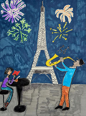 This illustration shows a New Years' celebration in Paris, France. In the background of this illustration is a dark blue evening sky. Purple, green, yellow, and orange fireworks decorate the sky. The Eiffel Tower is also seen standing tall in the background. A man with brown-orange pants, a light blue shirt, and black shoes and a hat is pictured playing a yellow saxophone on the right side of the foreground of the image. The left side of the foreground of the image shows a woman with blue pants, a purple shirt, and black hair reading a book with a red cover. She is sitting on a black stool and leaning on a black table.