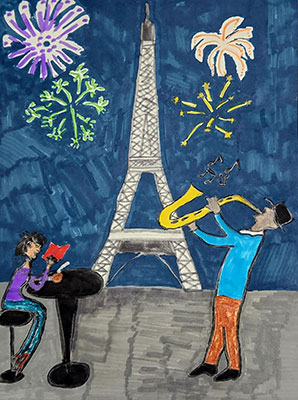 Esta ilustración muestra una celebración de Año Nuevo en París, Francia. En el fondo de esta ilustración hay un cielo vespertino azul oscuro. Fuegos artificiales morados, verdes, amarillos y naranjas decoran el cielo. La Torre Eiffel también se ve de pie en el fondo. En el lado derecho del primer plano de la imagen, se representa a un hombre con pantalones de color marrón anaranjado, una camisa azul claro, zapatos negros y un sombrero tocando un saxofón amarillo. El lado izquierdo del primer plano de la imagen muestra a una mujer con pantalón azul, camisa morada y cabello negro leyendo un libro con tapa roja. Está sentada en un taburete negro y apoyada en una mesa negra.