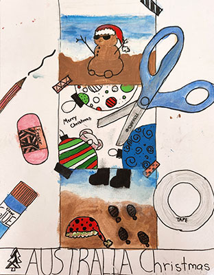 This illustration is titled, 'Australia Christmas'. This illustration creates the illusion of a scrapbook. In the center of the picture is a series of three illustrations that resemble photographs that could have been taken on a family vacation to Australia during the holidays. The top image shows a snowman made of sand sitting on the beach. The 'sandman' is wearing a red Santa hat. The image in the middle shows three decorated Christmas tree ornaments with a little koala head peeking out behind the striped ornament. The bottom image shows footsteps in the sand, as well as a red spotted Santa hat. The artist decorated the rest of the illustration with drawings of a roll of tape, clear glue, a pink eraser, a pencil, and light blue scissors.