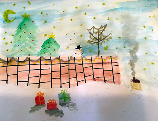 This illustration shows a wintery Christmas scene. The foreground shows snowy dunes with two red and one green wrapped boxes. Towards the background of the illustration shows a murky red wall with black outlines resembling a brick wall. On top of the wall is a snowman with an orange carrot and a black top hat. To the left of the snowman are two green Christmas trees decorated with red ornaments and a yellow star at the top. In the background, a small yellow house with a black roof is seen. Smoke appears to be coming out of the house's chimney. The sky is painted a light blue, and small yellow stars are scattered throughout the sky. A crescent moon is seen in the top left corner of the image.