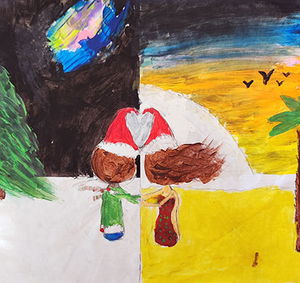 This painting shows two people sitting on the ground, one arm around the other, looking out at the horizon. They are both wearing red Santa hats that form a heart between them because of the way the hats are positioned. The scene is cut down the middle to depict two different locations. The person on the left is sitting in the snow with a pine tree in the landscape and an aurora in the dark sky. The person on the right is sitting in the sand with a palm tree in the landscape and a sunset and flying birds in the distance.