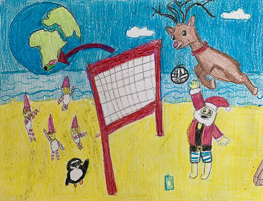 This image shows Santa, Rudolph, Santa’s elves, and a penguin playing a game of beach volleyball. There is a picture of the Earth in the top left corner of the illustration. A red arrow points to South Africa on the globe to demonstrate that this beach volleyball scene is occurring around Christmas time in South Africa. In this illustration, a red volleyball court separates two teams: Santa and Rudoph are one team, while four elves and a penguin are the other. The sand is colored a bright yellow, while the ocean and sky are blue. Santa is wearing striped blue beach shorts, and the penguin is wearing black sunglasses. The volleyball is in play above Santa and it appears as if Rudolph, who is wearing a red collar, is about to send it back over the net.