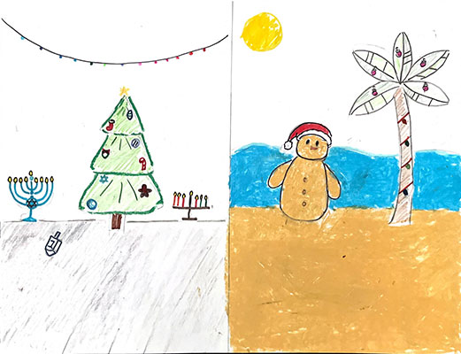 This illustration is a side-by-side demonstration of two holiday celebrations. On the left, a Hanukkah celebration is portrayed. Two menorahs, a dreidel, and a tree decorated with Hanukkah-themed ornaments are in the foreground. A string of multi-colored flags hang above the tree. On the right is a Christmas celebration on the beach. A snowman made out of sand wears a red Santa hat and sits on the sand. A palm tree, wrapped in multi-colored string lights and decorated with ornaments, sits next to the 'sandman'. In the background, the bright blue ocean and yellow sun are seen.