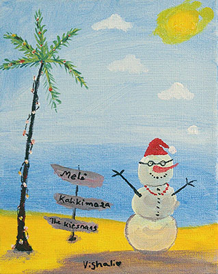 This image shows a holiday celebration in Hawaii. A thin palm tree wrapped with multi-colored string lights is seen on the far left of the foreground. Next to the palm tree is a three-tiered sign that says, 'Mele Kalikimaka'. To the right of the sign is a white snowman. The snowman has black buttons, twig arms, a smile, a carrot nose, glasses, and a red Santa hat. The sand that all three of these elements sit on is painted a bright yellow. The background is painted a light blue, and the ocean’s darker blue color fades into the lighter sky. Four white clouds are seen floating in the sky above the snowman, and a bright yellow Sun shines in the top right corner of the illustration.