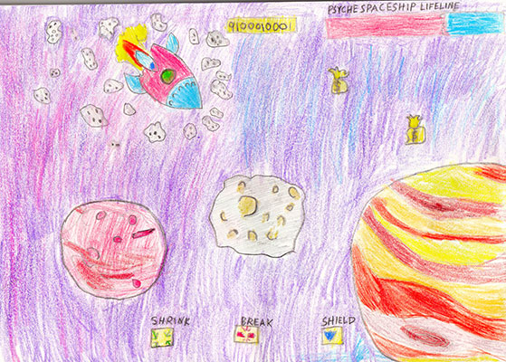 User submitted drawing of a spacecraft approaching the Psyche asteroid with UI elements like a health bar.