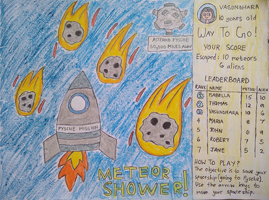 User submitted drawing of a game in which the player guides a spacecraft to Psyche, avoiding obstacles along the way like asteroids.