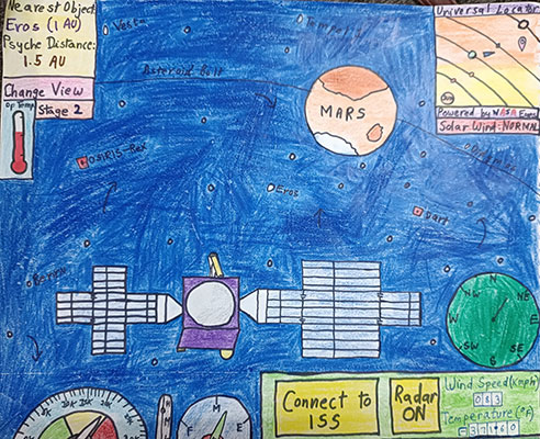User submitted drawing of a game in which the player controls Psyche on its mission to the asteroid Psyche, transmitting data back to Earth along the way.