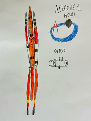 Drawing of a rocket flying, the Moon, and the Orion spacecraft.