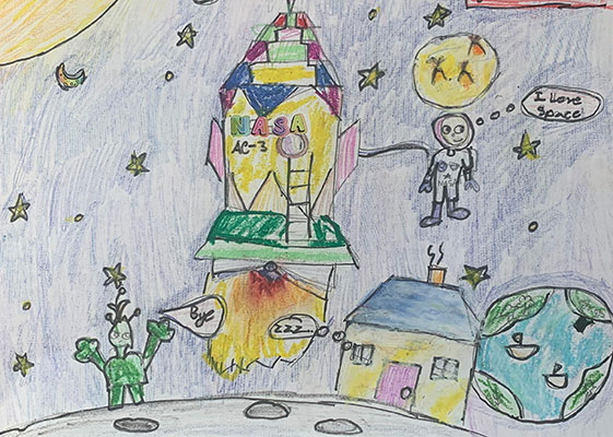 Drawing of a Moon landscape, including a rocket, house, alien creature, astronaut and the Earth in the sky.