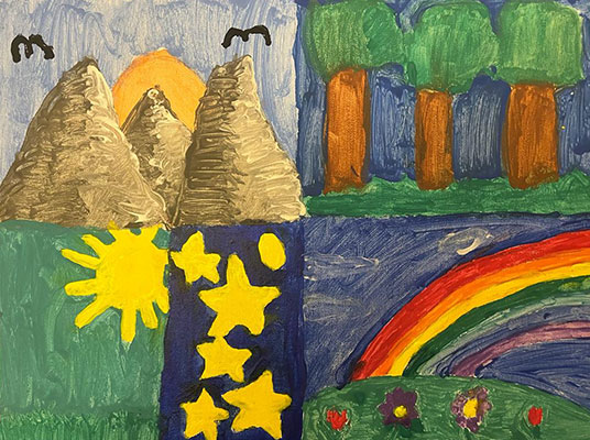 Drawing of four separate scenes, one of mountains, one of trees, one of the sky with the Sun and stars, and one with a rainbow.