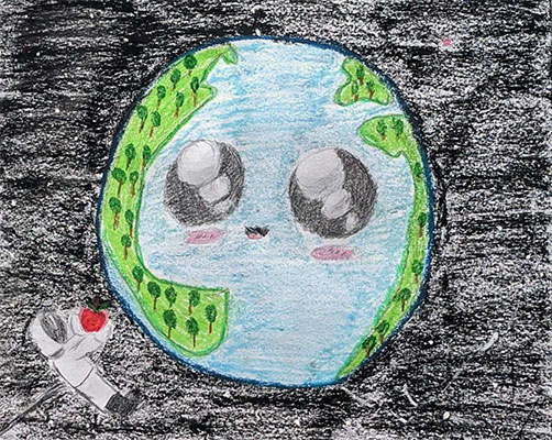 Drawing of the Earth with a hopeful smile.