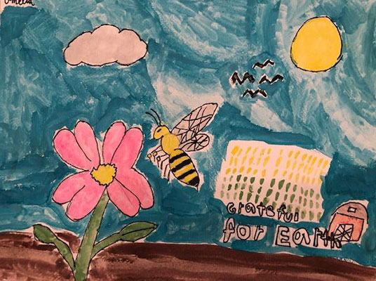 Drawing of a bee flying toward a flower.