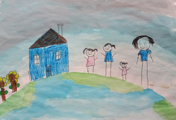 Drawing of a family of four standing next to a house.