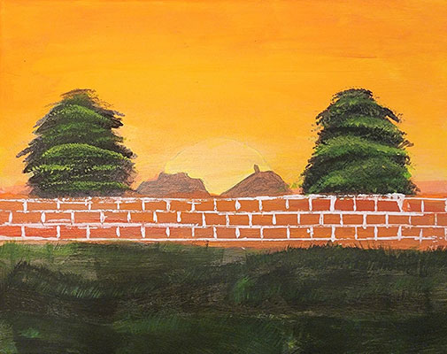 Drawing of a brick wall with a sunset, mountains and trees beyond it.