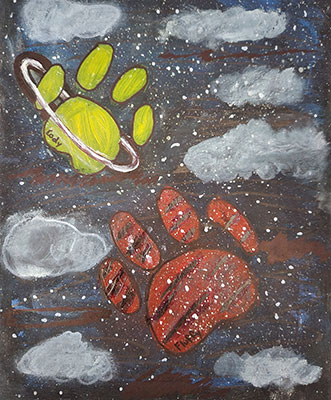 Drawing of two paw prints in the night sky, one named Cody and the other named Fluffy.