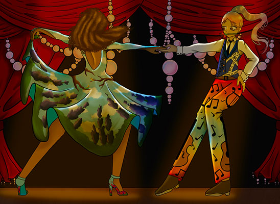 Drawing of two people dancing, one wearing a dress with trees and a cloudy sky printed on it and the other wearing a suit with music notes printed on it.