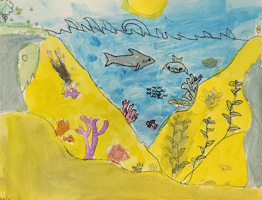 Drawing of an underwater scene with various fish swimming around.
