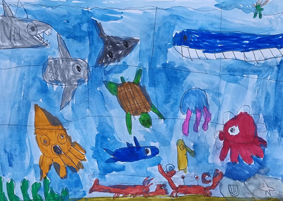 Drawing of an underwater scene with various fish, sea turtles, whales and squid.