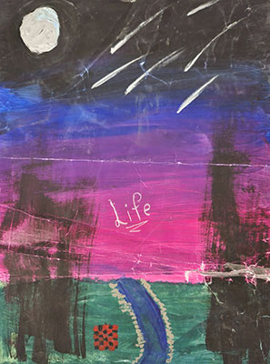 Drawing of a meteor shower in the night sky with the word Life written in the middle.