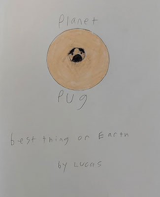 Drawing of a planet with a pug face in the middle with the words Planet Pug below it.
