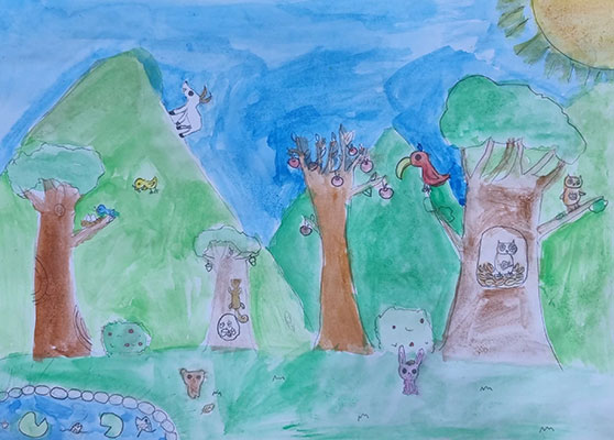 Drawing of a forest with various creatures inhabiting it, including a rabbit, squirrel, owl and parrot.