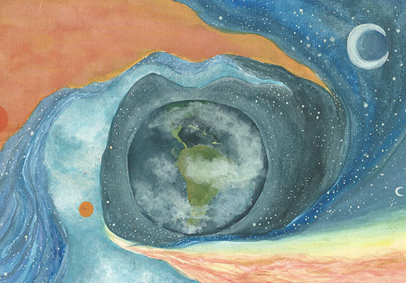 Drawing of Earth with stars and the Sun surrounding it.