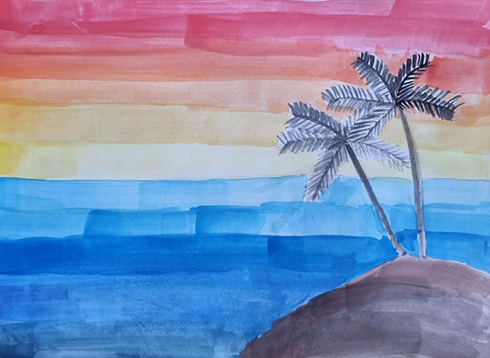 Drawing of an island with two palm trees on it and a sunset in the background.